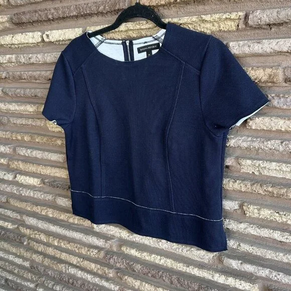 Banana Republic Navy Blue Boxy Cropped Short Cap Sleeve Raw Edge Top - Picture 5 of 6